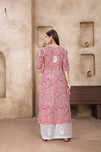 Old Rose Cotton Kurta Set with White Palazzo Dailywear Ethnic Style for Women Kurti With Bottom Wholesale