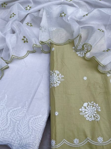 Olive Bloom Chikankari Cotton Suit with Palazzo and Kota Dupatta at Wholesale Rate Dress Material 