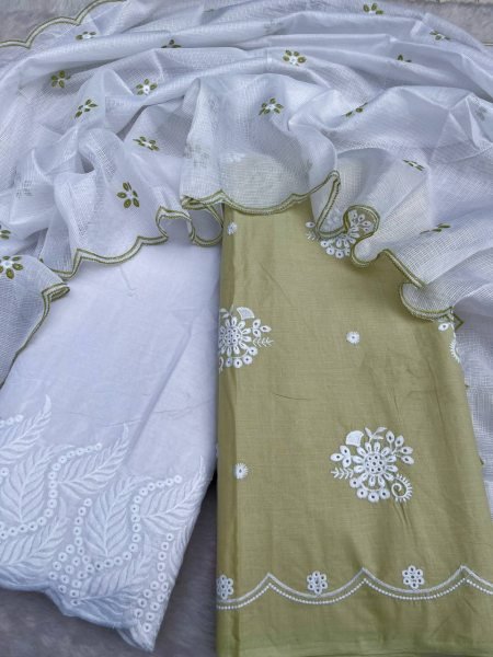 Olive Bloom Chikankari Cotton Suit with Palazzo and Kota Dupatta at Wholesale Rate Color Set Matching Dress Material Wholesale