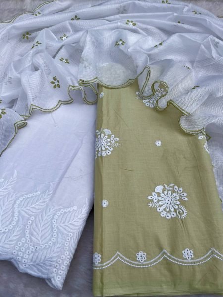Olive Bloom Chikankari Cotton Suit with Palazzo and Kota Dupatta at Wholesale Rate Color Set Matching Dress Material Wholesale
