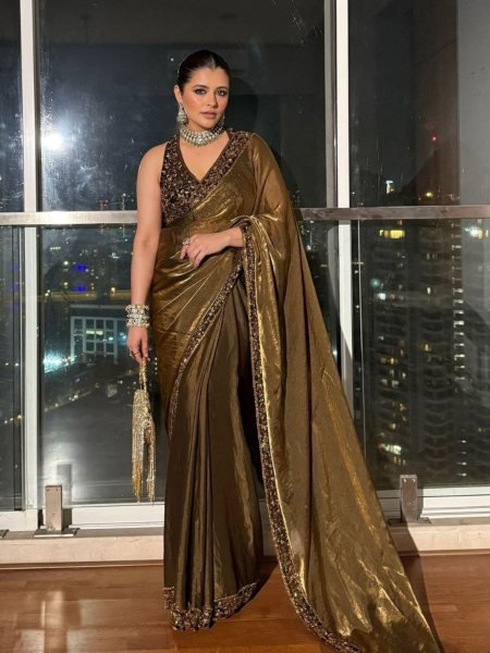 Olive Gold Silk Saree with Embellished Velvet Blouse Wedding and Partywear Sarees 