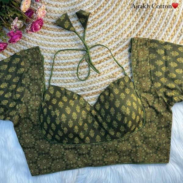 Olive Grace Ajrakh Print Cotton Blouse with Sleeves & Back Tie Blouse Collection