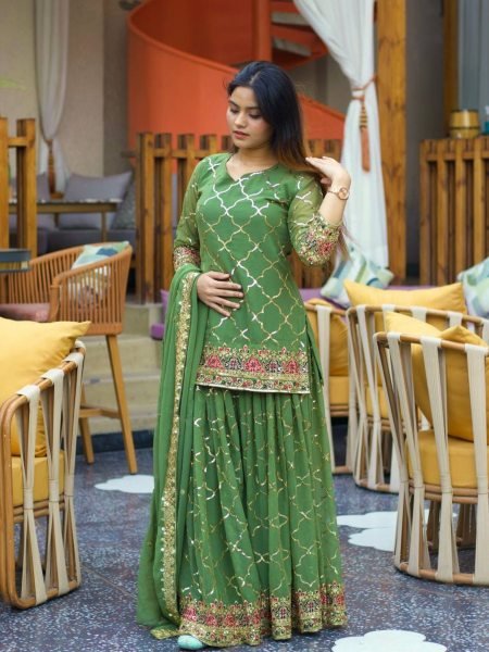 Olive Green Chinon Sharara Set with Sequin Detailing  Mehendi Function Look Ready To Wear Suit