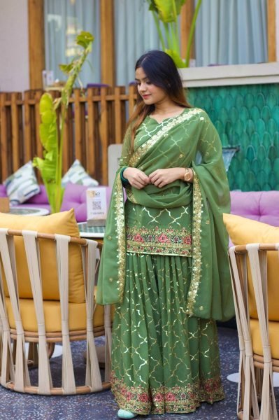 Olive Green Chinon Sharara Set with Sequin Detailing  Mehendi Function Look Ready To Wear Collection