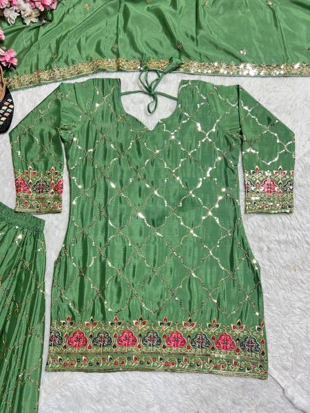 Olive Green Chinon Sharara Set with Sequin Detailing  Mehendi Function Look Ready To Wear Collection
