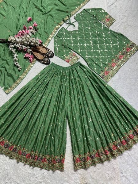 Olive Green Chinon Sharara Set with Sequin Detailing  Mehendi Function Look Ready To Wear Collection