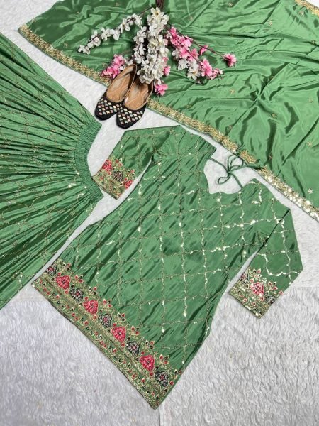 Olive Green Chinon Sharara Set with Sequin Detailing  Mehendi Function Look Ready To Wear Collection