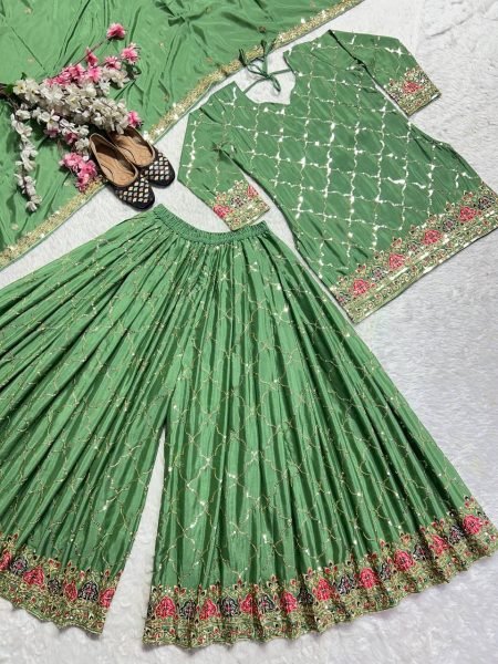 Olive Green Chinon Sharara Set with Sequin Detailing  Mehendi Function Look Ready To Wear Collection