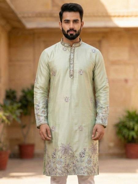 Olive Green Color Embroidery Work Malai Silk Kurta Set at Wholesale Rates For Mens Mens Wear