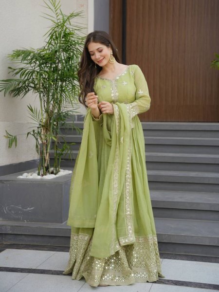Olive Green Crunchy Silk Gown Set with Mirror and Sequins Work Wedding Look Anarkali Kurtis 