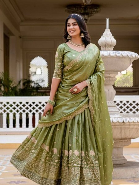 Olive Green Crush Silk Embroidered Lehenga Choli with Dupatta for Wedding Special  Lehenga