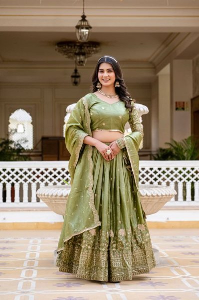 Olive Green Crush Silk Embroidered Lehenga Choli with Dupatta for Wedding Special Designer Lehenga Choli