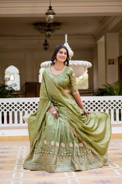 Olive Green Crush Silk Embroidered Lehenga Choli with Dupatta for Wedding Special Designer Lehenga Choli