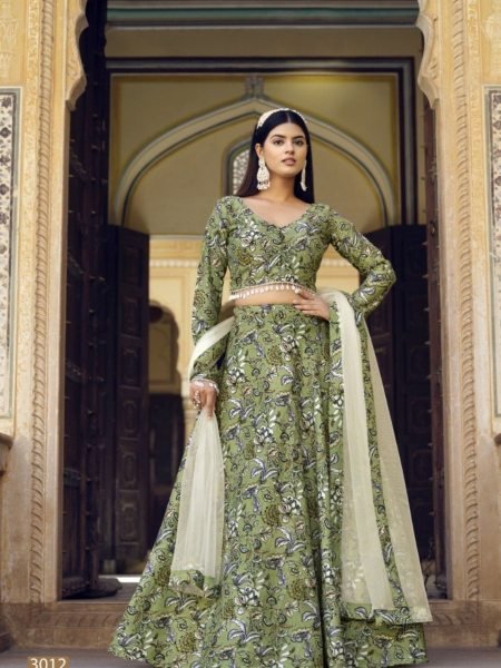 Olive Green Crushed Silk Lehenga with Leafy Floral Prints and Sheer Dupatta at Low Price  Lehenga
