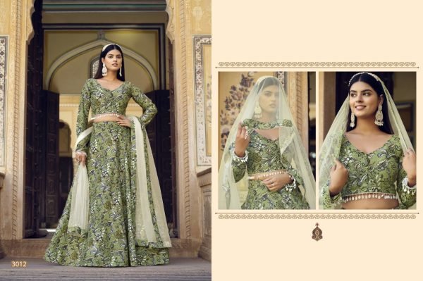 Olive Green Crushed Silk Lehenga with Leafy Floral Prints and Sheer Dupatta at Low Price Designer Lehenga Choli