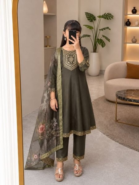 Olive Green Designer Girls Anarkali 3 Piece Set with Printed Chanderi Dupatta at Manufacturer  