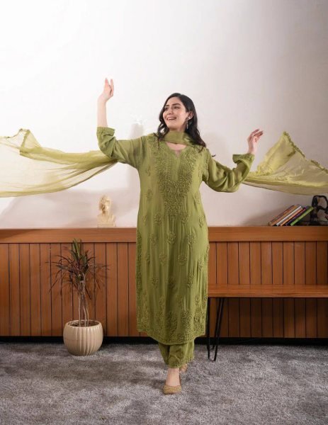 Olive Green Faux Georgette Embroidered Palazzo Suit with Dupatta for Wedding Functions Ready To Wear Collection