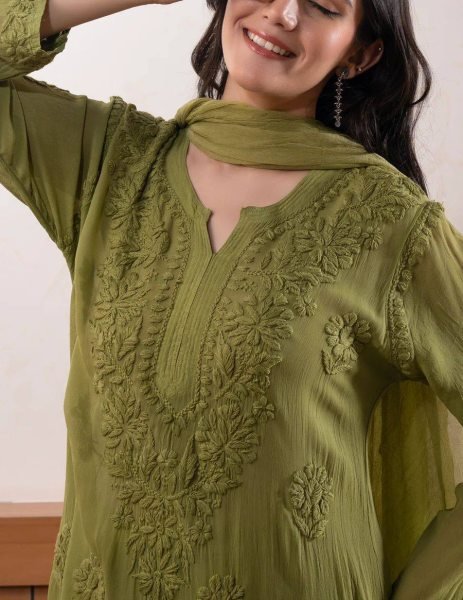 Olive Green Faux Georgette Embroidered Palazzo Suit with Dupatta for Wedding Functions Ready To Wear Collection