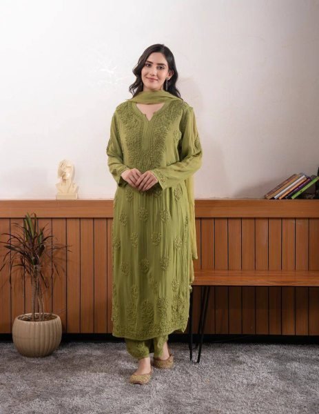 Olive Green Faux Georgette Embroidered Palazzo Suit with Dupatta for Wedding Functions Ready To Wear Collection