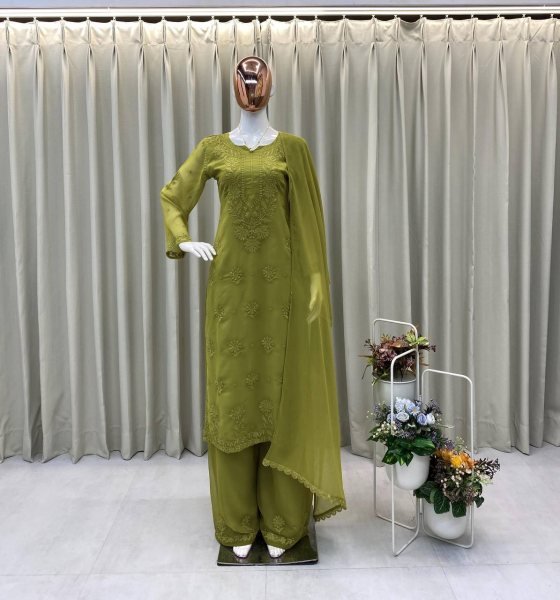 Olive Green Faux Georgette Embroidered Palazzo Suit with Dupatta for Wedding Functions Ready To Wear Collection