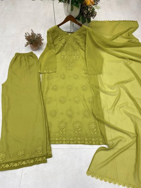 Olive Green Faux Georgette Embroidered Palazzo Suit with Dupatta for Wedding Functions Ready To Wear Collection