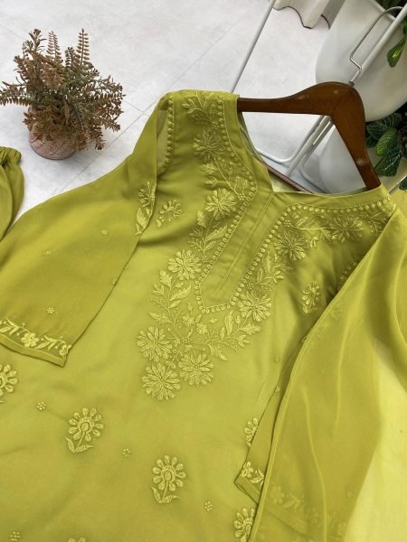 Olive Green Faux Georgette Embroidered Palazzo Suit with Dupatta for Wedding Functions Ready To Wear Collection