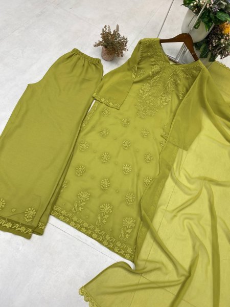 Olive Green Faux Georgette Embroidered Palazzo Suit with Dupatta for Wedding Functions Ready To Wear Collection