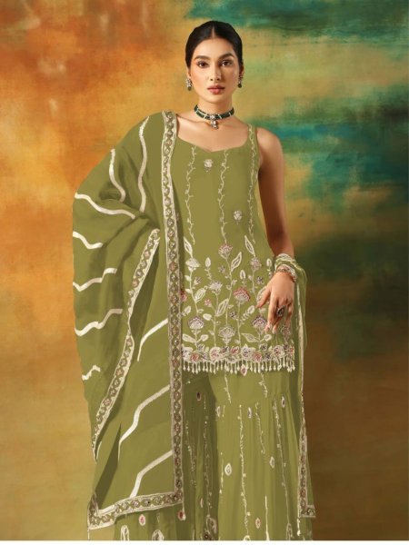 Olive Green Faux Georgette Heavy Zarkhan Embroidered Palazzo Suit Premium Look for Resellers Salwar Kameez