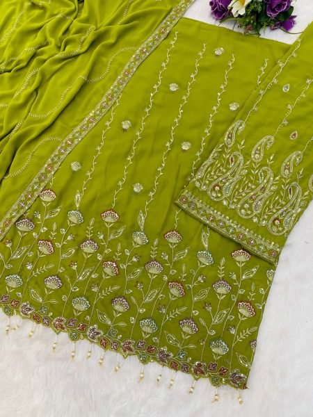 Olive Green Faux Georgette Heavy Zarkhan Embroidered Palazzo Suit Premium Look for Resellers Designer Plazzo Salwar Suits Wholesale