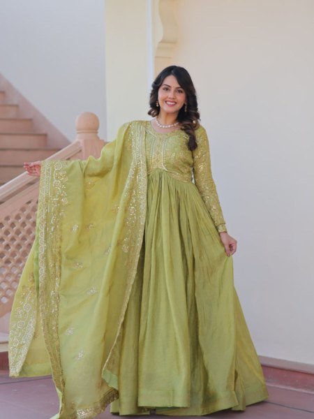 Olive Green Gold Crush Gown Set with Dupatta Designer Festive Look Anarkali Kurtis 