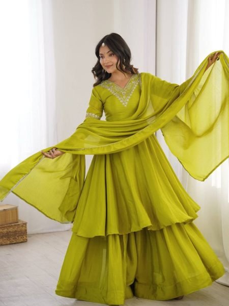 Olive Green Heavy Chinon Silk Embroidered Top and Palazzo Set with Designer Dupatta Ready To Wear Suit