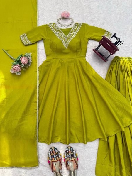 Olive Green Heavy Chinon Silk Embroidered Top and Palazzo Set with Designer Dupatta Ready To Wear Collection