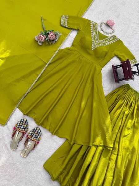 Olive Green Heavy Chinon Silk Embroidered Top and Palazzo Set with Designer Dupatta Ready To Wear Collection