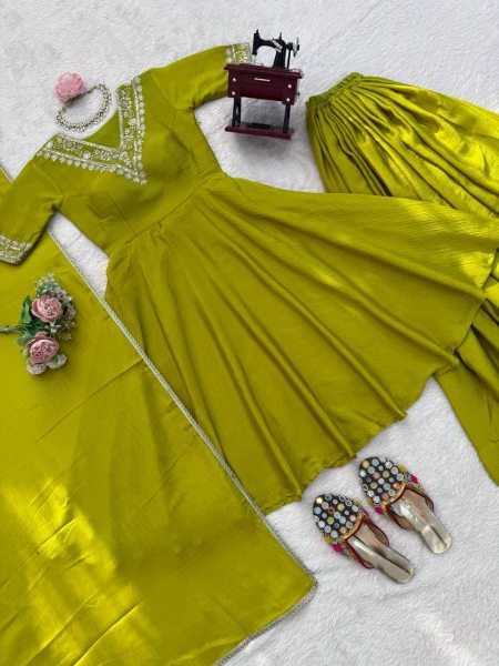 Olive Green Heavy Chinon Silk Embroidered Top and Palazzo Set with Designer Dupatta Ready To Wear Collection