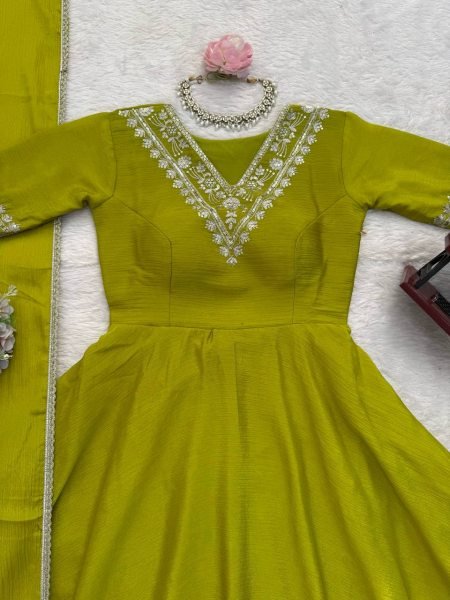 Olive Green Heavy Chinon Silk Embroidered Top and Palazzo Set with Designer Dupatta Ready To Wear Collection