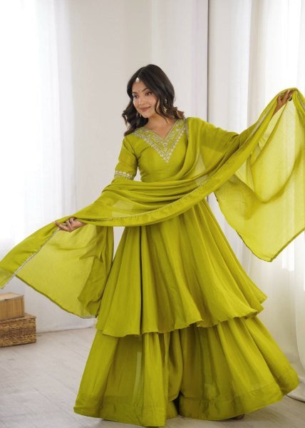 Olive Green Heavy Chinon Silk Embroidered Top and Palazzo Set with Designer Dupatta Ready To Wear Collection