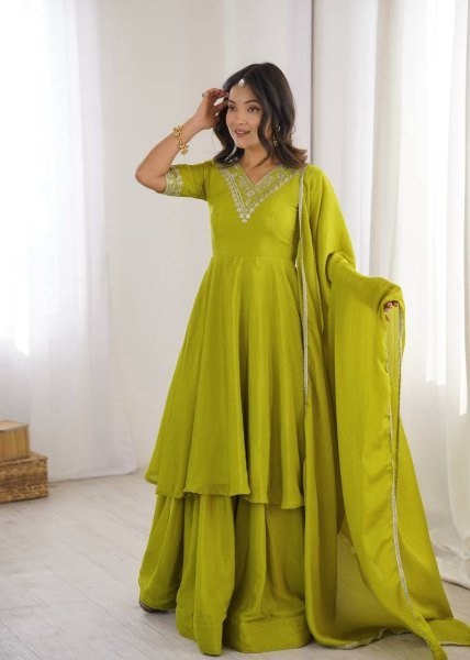 Olive Green Heavy Chinon Silk Embroidered Top and Palazzo Set with Designer Dupatta Ready To Wear Collection