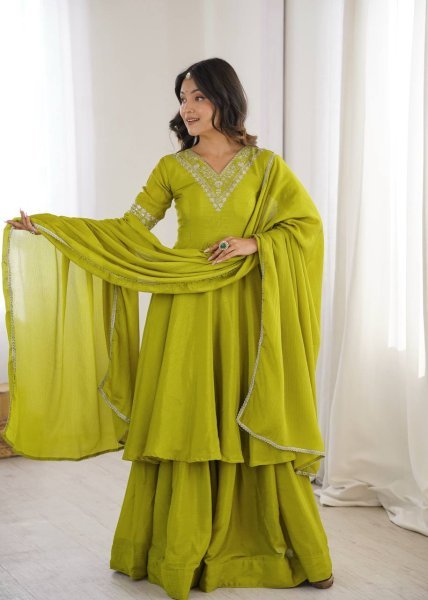 Olive Green Heavy Chinon Silk Embroidered Top and Palazzo Set with Designer Dupatta Ready To Wear Collection