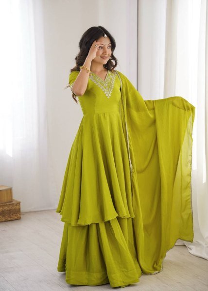 Olive Green Heavy Chinon Silk Embroidered Top and Palazzo Set with Designer Dupatta Ready To Wear Collection