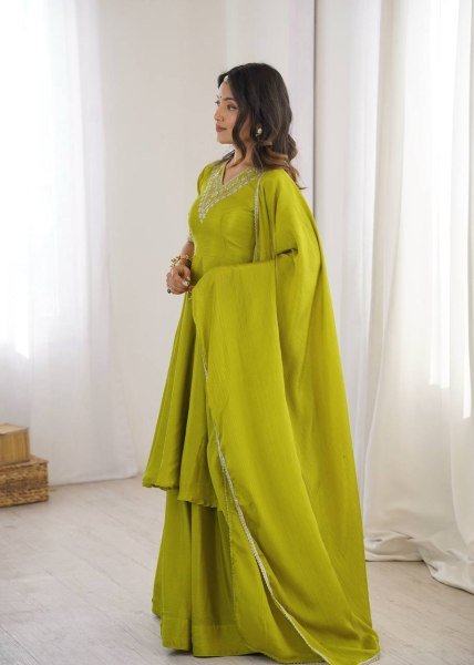 Olive Green Heavy Chinon Silk Embroidered Top and Palazzo Set with Designer Dupatta Ready To Wear Collection