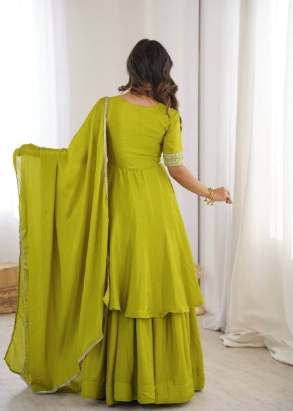 Olive Green Heavy Chinon Silk Embroidered Top and Palazzo Set with Designer Dupatta Ready To Wear Collection