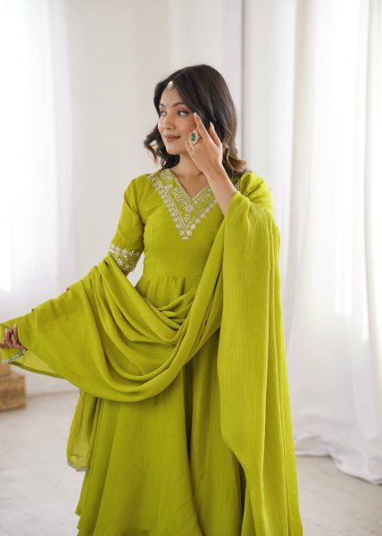 Olive Green Heavy Chinon Silk Embroidered Top and Palazzo Set with Designer Dupatta Ready To Wear Collection