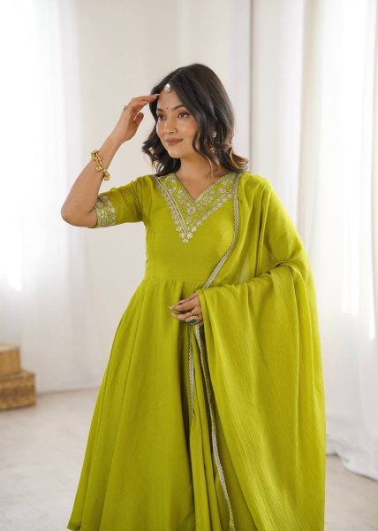 Olive Green Heavy Chinon Silk Embroidered Top and Palazzo Set with Designer Dupatta Ready To Wear Collection