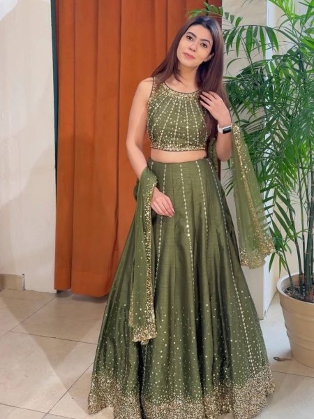 Olive Green Party Wear Lehenga with Sequins Work for Special Occasions  Lehenga