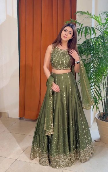 Olive Green Party Wear Lehenga with Sequins Work for Special Occasions Bollywood Lehenga Choli