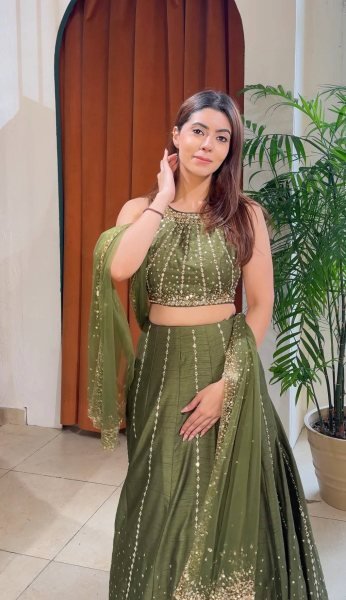 Olive Green Party Wear Lehenga with Sequins Work for Special Occasions Bollywood Lehenga Choli