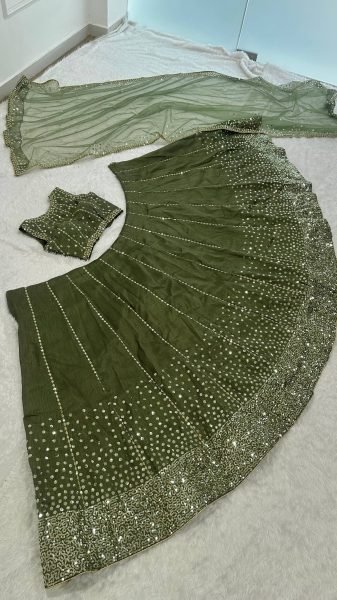Olive Green Party Wear Lehenga with Sequins Work for Special Occasions Bollywood Lehenga Choli