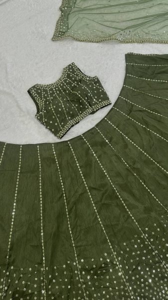 Olive Green Party Wear Lehenga with Sequins Work for Special Occasions Bollywood Lehenga Choli