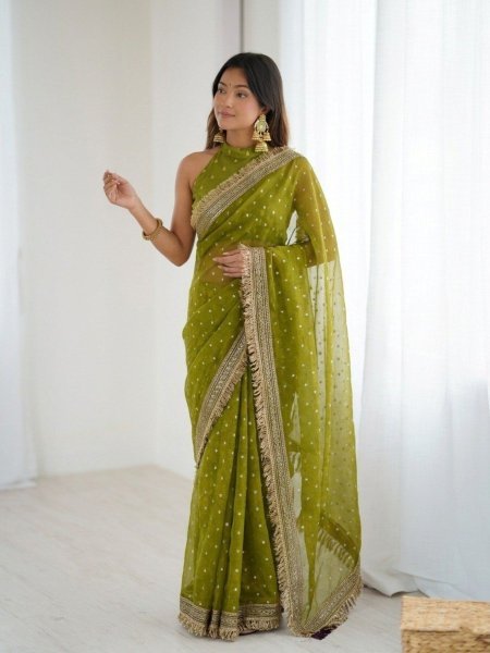 Olive Green Soft Viscose Jacquard Butti Silk Saree at Manufacturer Rate 