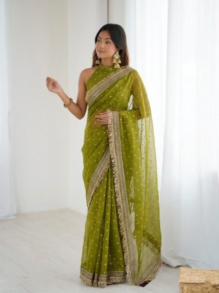 Olive Green Soft Viscose Jacquard Butti Silk Saree at Manufacturer Rate Silk Sarees Wholesale